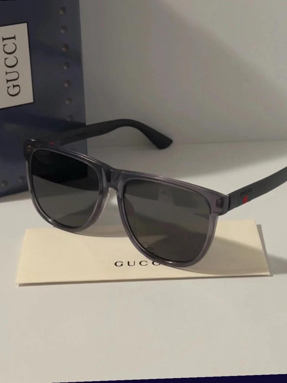 Gucci Gray Frame Black Lens Sunglasses with Signature Stripe